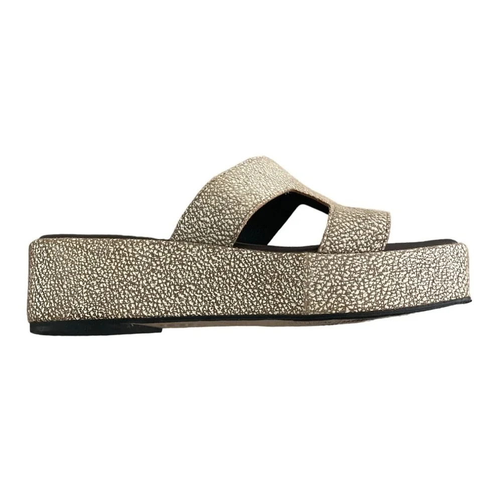 All Black Platform Slide Sandals Womens 40 9.5 H-Strap Brown Silver Luxe $175